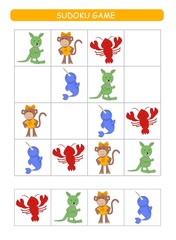 Fototapeta na wymiar Sudoku for kids. Kids activity sheet. Training logic, educational game. Sudoku game with animals.