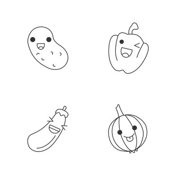 Vegetables cute kawaii linear characters