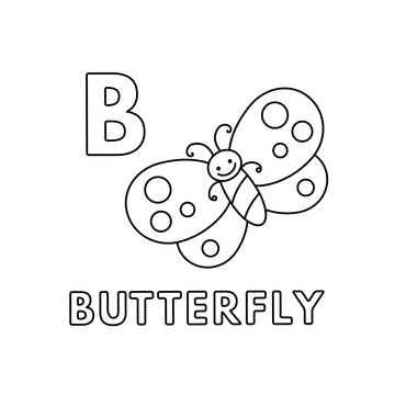 Vector Cute Cartoon Animals Alphabet. Butterfly Coloring Pages