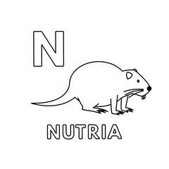 Vector Cute Cartoon Animals Alphabet. Nutria Coloring Pages
