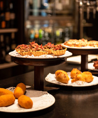 Close-up view of wide variety of tapas in Spain