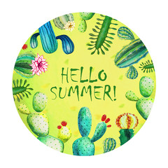Cactus watercolor round frame with tropical plants and flowers on yellow background isolated on white. Emblem of summer