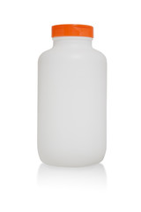 The white plastic bottle closed by an orange cover. Isolated on a white background with reflection