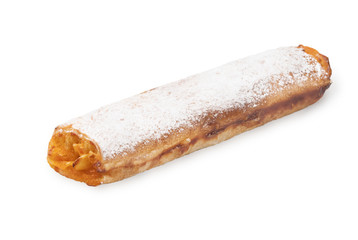 Baking puff pastry. Sweet pastry with pumpkin, powdered sugar jam on a white background.