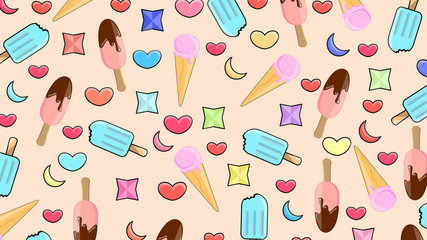 Delicious ice cream pattern.Various kawaii tasty ice cream. Different face emotions. Hand drawn vector seamless pattern. Watercolor style. Stamp texture. Colored trendy illustration. Flat design