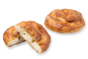 Baking from puff pastry, Vertuta or placinda with cottage cheese and cheese.