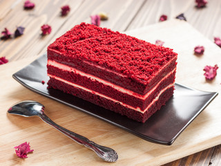 Red velvet cake on wood board