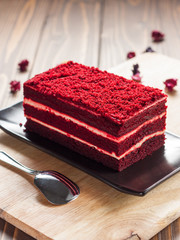 Red velvet cake on wood board
