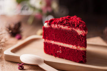 Red velvet cake on wood board