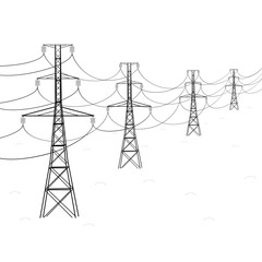 Abstract Black White Silhouette of High Voltage Power Lines Isolated on White Background.