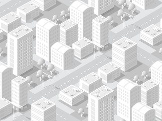 Urban isometric area with building cars and streets. Seamless urban repeating pattern for design and creativity concept.