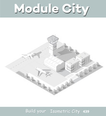 Isometric module area of the city airport, the trees and the flight of construction and building, terminal, planes and cars vector illustration.
