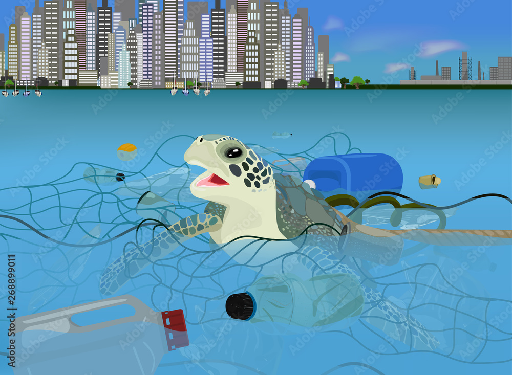 Poster turtle in the ocean with trash vector icon on a blue background. environment pollution illustration 