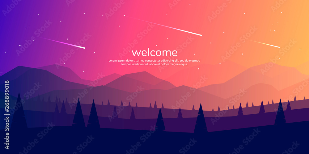Poster vector minimalistic landscape. mountains and woods. polygon concept. flat style abstract background.