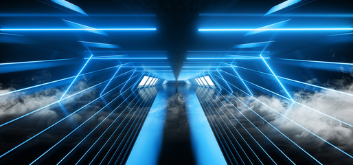 Fototapeta na wymiar Psychedelic Sci Fi Smoke Neon Laser Spaceship Future Dark Corridor Glowing Blue Concrete Grunge Hallway Virtual Reality Vibrant Fluorescent Space Underground Garage 3D Rendering