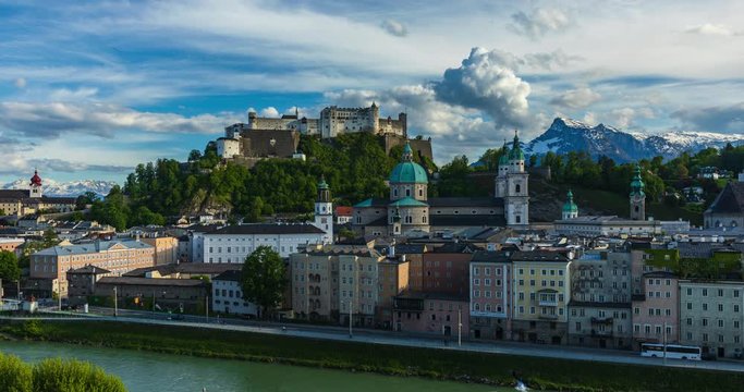 View to Salzburg city from Kapuzinerberg Monastery time lapse 24 fps 