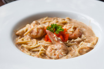 Creamy pasta spaghetti with shrimp