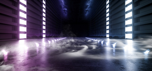 Future Sci Fi Smoke Neon Laser Spaceship Future Dark Corridor Glowing Purple Red Blue  Concrete Grunge Hallway Virtual Reality Vibrant Fluorescent Space Underground Garage 3D Rendering