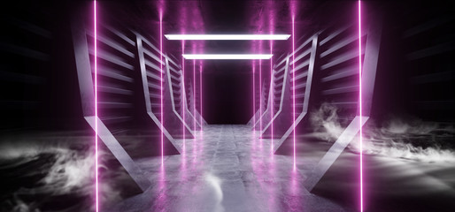 Futuristic Smoke Neon Laser Spaceship Future Dark Corridor Glowing Purple Red Blue Sci Fi Concrete Grunge Hallway Virtual Reality Vibrant Fluorescent Space Underground 3D Rendering