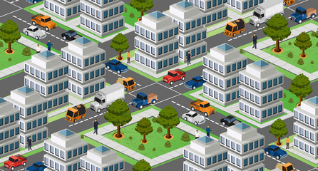 Urban isometric area with building cars and streets. Seamless urban repeating pattern for design and creativity concept.