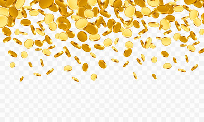 Falling from the top a lot of coins on a transparent background.