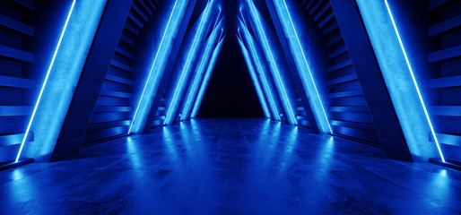 Future Neon Sci Fi Blue Triangle Shaped Spaceship Concrete Grunge Virtual Reality Tunnel Corridor Hallway Entrance Path Dark Glow Fluorescent Laser Led 3D Rendering