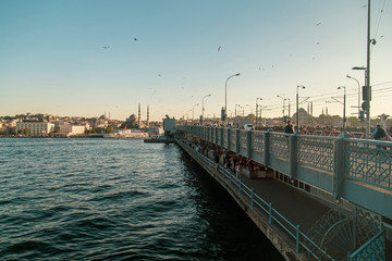 Istanbul view from Galata Bridge with blurred people
