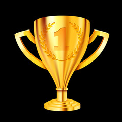 Realistic Golden Trophy on black background. Award cup
