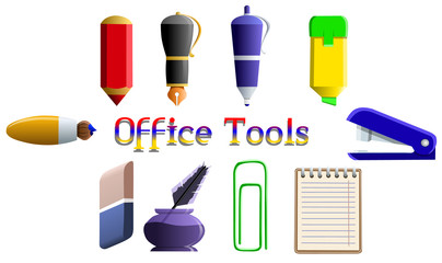 A set of tools for the office. Pens for writing, pencil, paper clip, stapler, notebook, brush, marker, eraser. Vector illustration on white background.