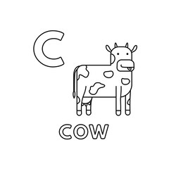 Vector Cute Cartoon Animals Alphabet. Cow Coloring Pages