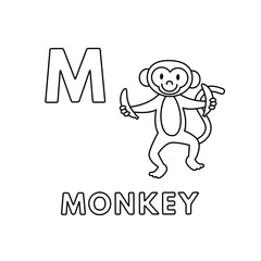 Vector Cute Cartoon Animals Alphabet. Monkey Coloring Pages