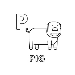 Vector Cute Cartoon Animals Alphabet. Pig Coloring Pages