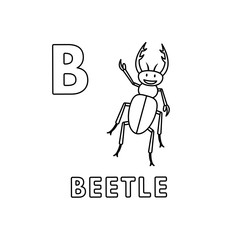 Vector Cute Cartoon Animals Alphabet. Beetle Coloring Pages