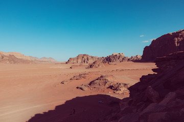 Panoramic view of the Wadi Rum desert, Jordan. Blue sky at summer time.