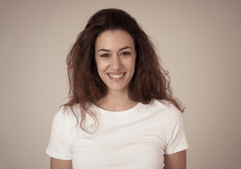 Obraz premium Portrait of young attractive cheerful woman with smiling happy face. Human expressions and emotions