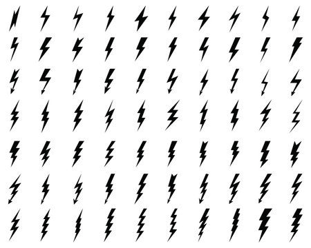 Black icons  of thunder and flash  lighting on a white background