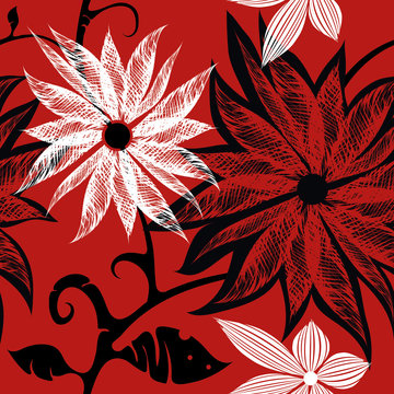 Red-white-black three-color seamless floral pattern. Stroked stylized flowers on a red background, creative drawing.