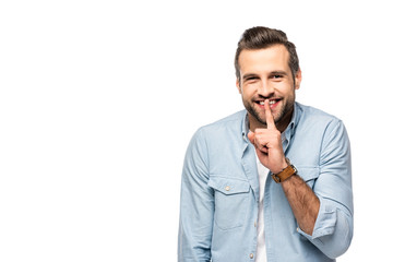 happy man with finger on mouth Isolated On White with copy space