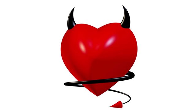 Moving red heart with horns and tail on white background