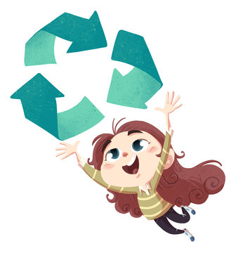 ni&ntilde;a saltando con simbolo de reciclar
