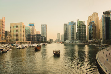 Dubai Marina district at sunset time. Dubai at May 2019.