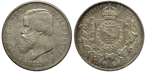 Brazil Brazilian silver coin 2 two thousand reis 1889, head of Emperor Pedro II left, date below,...