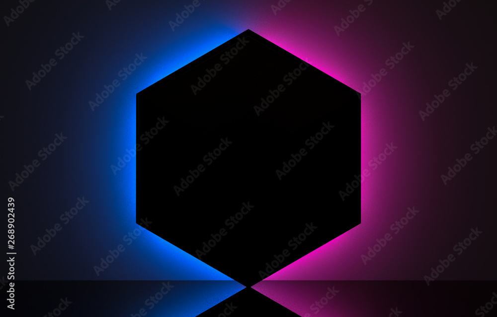 Poster 3d rendering. black empty hexagon shape space frame with blue pink neon light in retro fashion show 