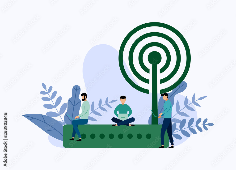 Poster wireless ethernet modem router with characters, business concept vector illustration
