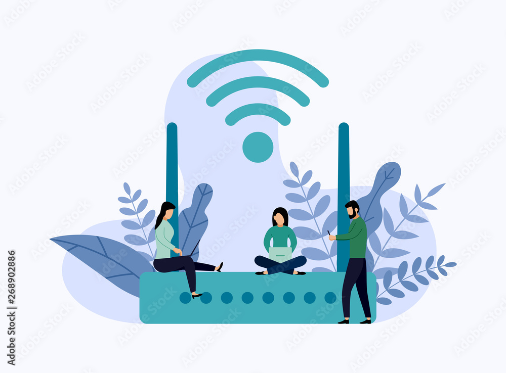 Poster wireless ethernet modem router with characters, business concept vector illustration