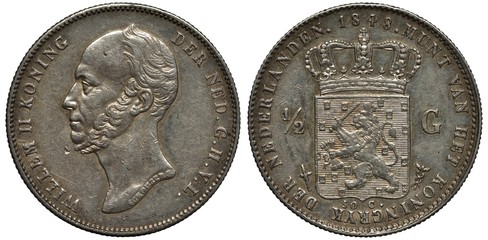 The Netherlands Dutch silver coin 1/2 half gulden 1848, head of King Willem II left, crowned shield with crowned lion holding sword and bunch of arrows divides denomination, 