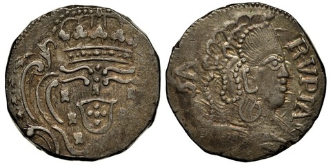 Portugal Portuguese India Goa silver coin 1 one rupee circa 1810s, arms, crowned shield with designs, denomination right to head,