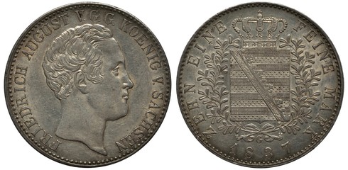 Saxony Saxon silver coin 1 one thaler 1837, head of king Friedrich August right, crowned shield with stripes flanked by sprigs, date below,