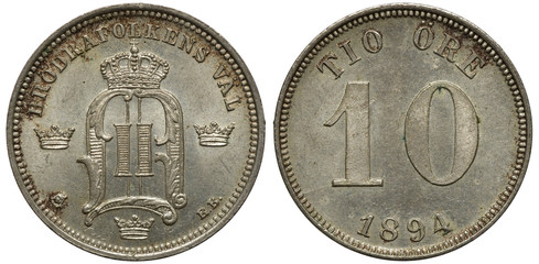 Sweden Swedish silver coin 10 ten ore 1894, crowned monogram surrounded by smaller crowns, denomination and date,