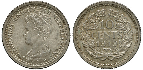 The Netherlands Dutch silver coin 10 ten cents 1919, Queen Wilhelmina head left, face value and date flanked by oak sprigs,